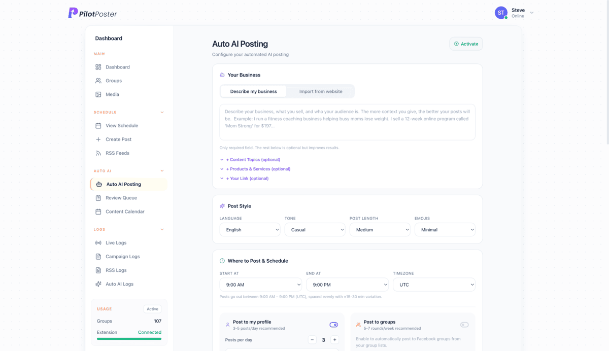 PilotPoster Auto AI setup with business description, post style, posting window and profile or group posting