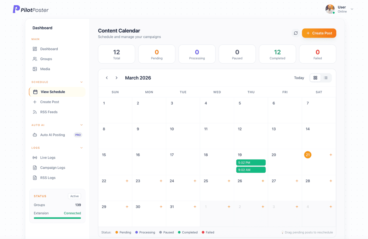 PilotPoster content calendar showing scheduled and completed Facebook group posts for the month