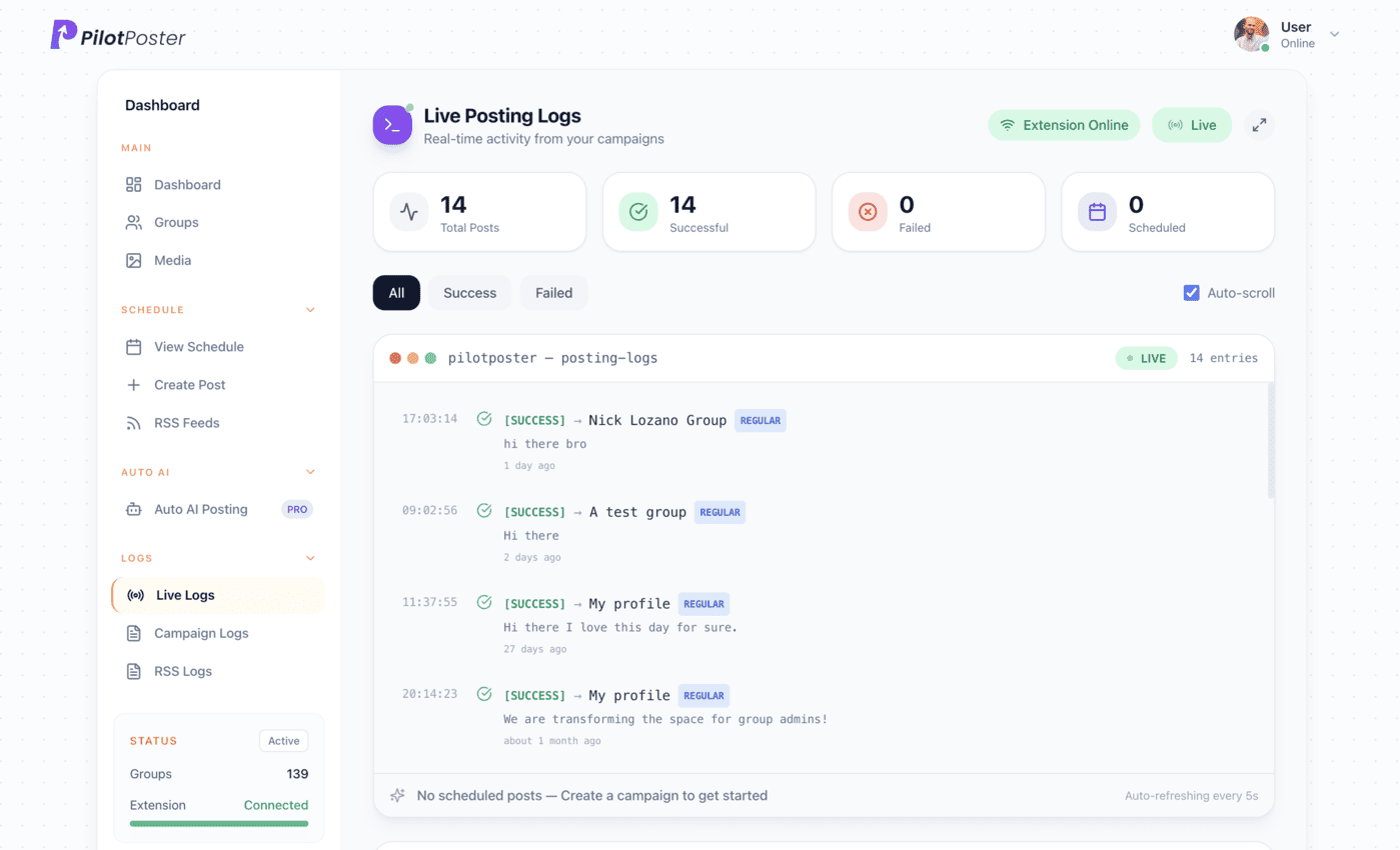 PilotPoster live posting logs showing each successful post with its group and time