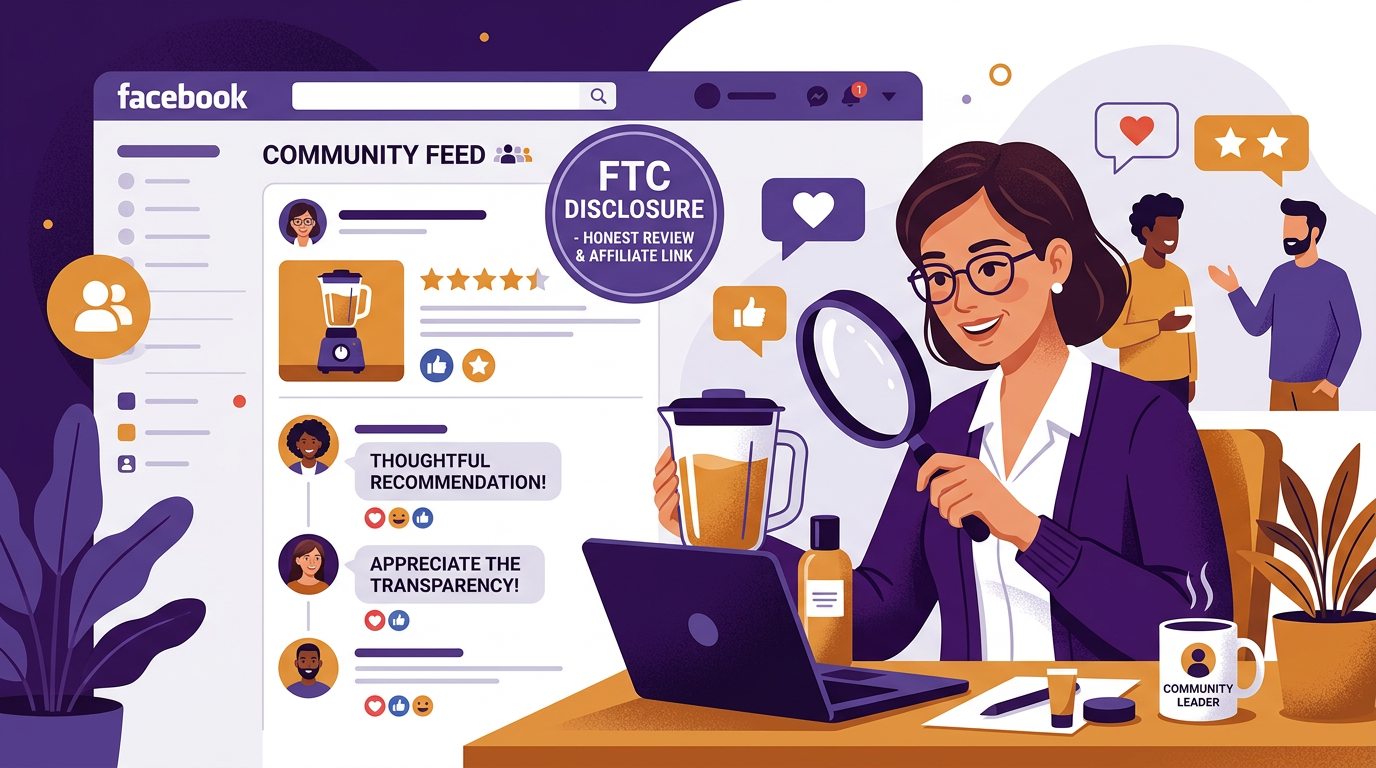 Affiliate marketer carefully reviewing products before making honest disclosed recommendations to a Facebook group community