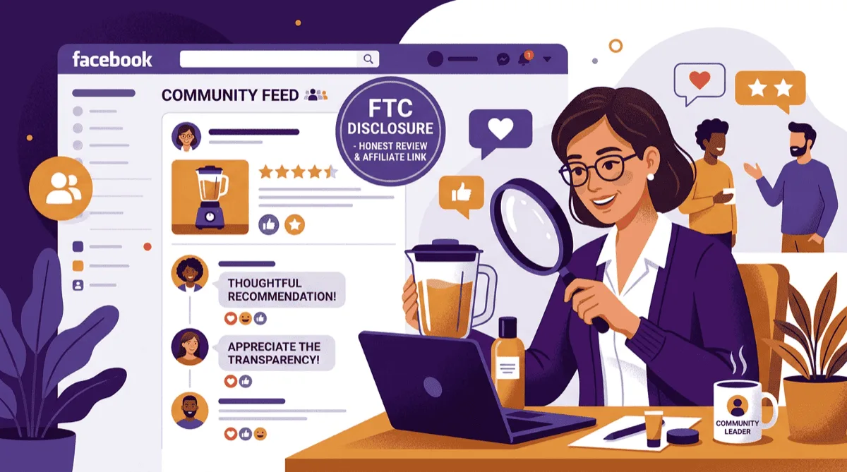 Affiliate marketer reviewing products carefully before making honest, disclosed recommendations to a Facebook group community