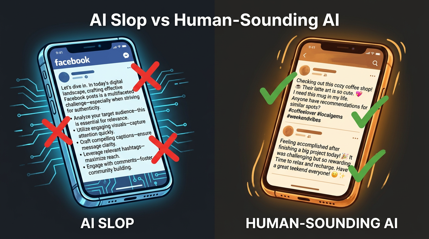 Comparison of AI slop Facebook posts versus human-sounding AI-generated Facebook content