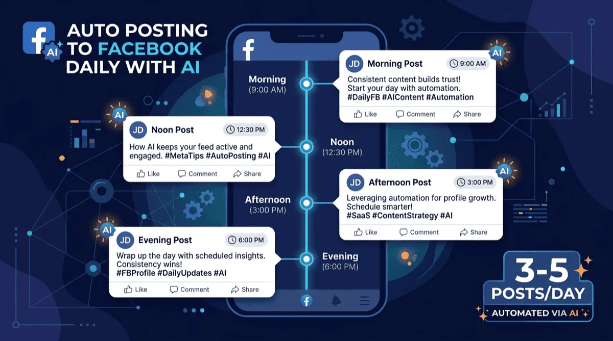 Automated daily Facebook profile posting with AI scheduling across morning, noon, afternoon, and evening