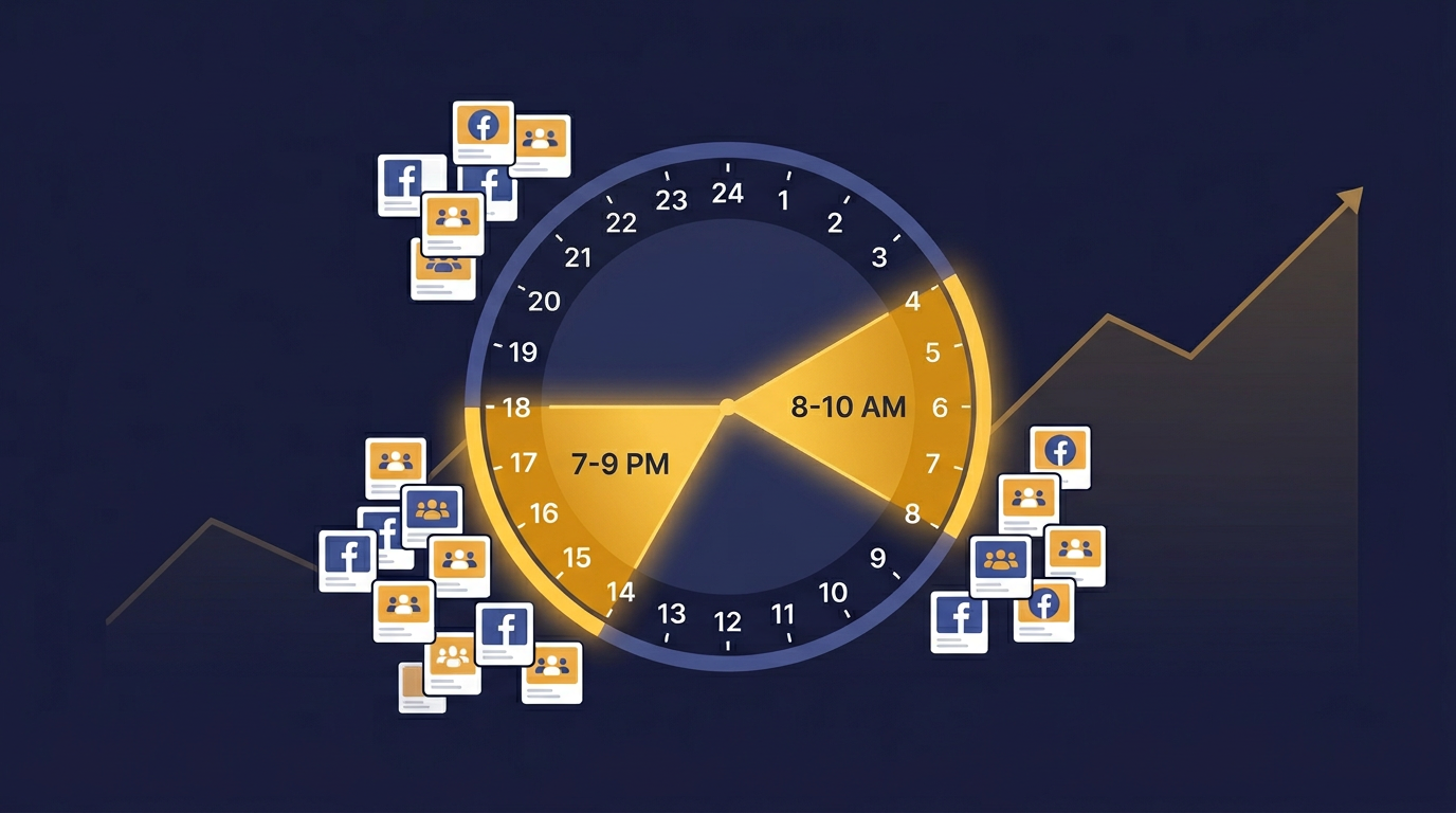 Best time to post in Facebook groups showing peak engagement windows throughout the day