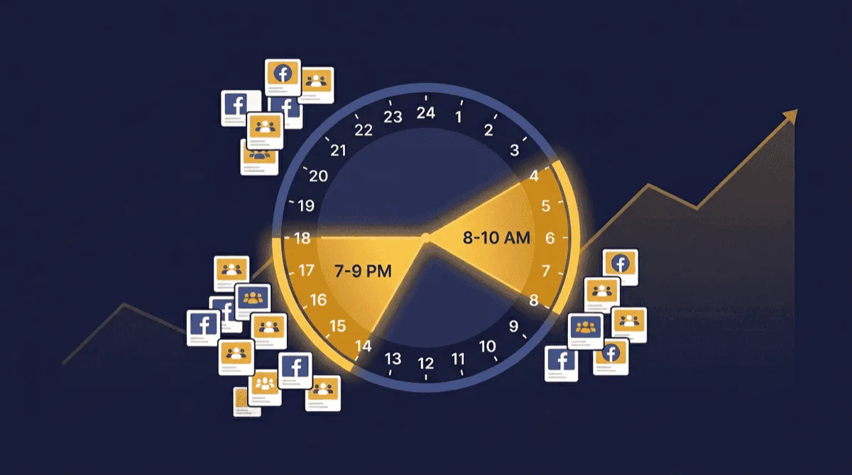 Best times to post in Facebook groups showing peak engagement windows at 8-10 AM and 7-9 PM