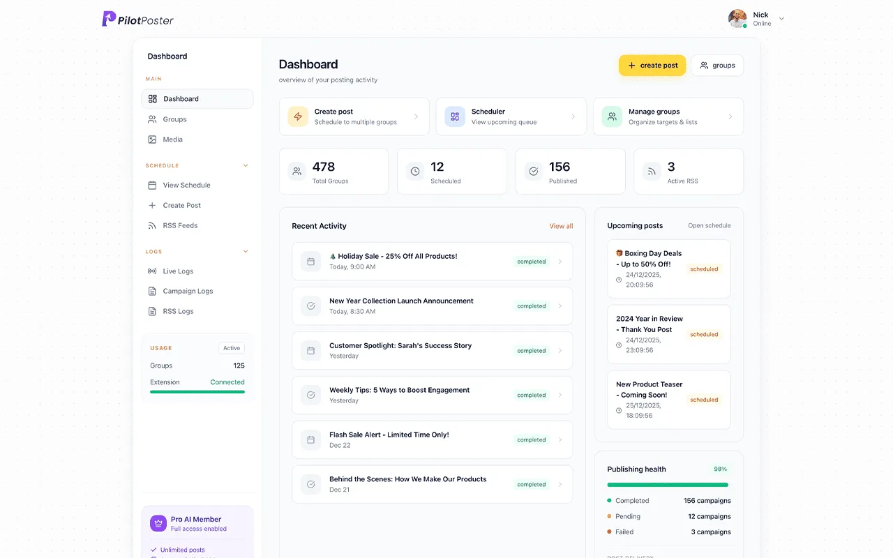 PilotPoster web app dashboard showing group management, scheduling, and campaign analytics