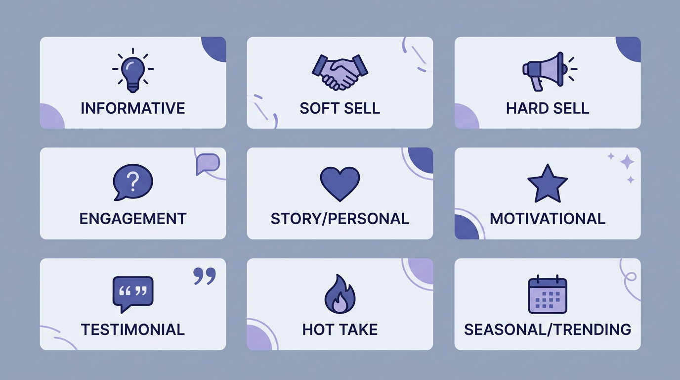 The 9 Facebook post types used by PilotPoster Auto AI for varied, natural-looking profile posting