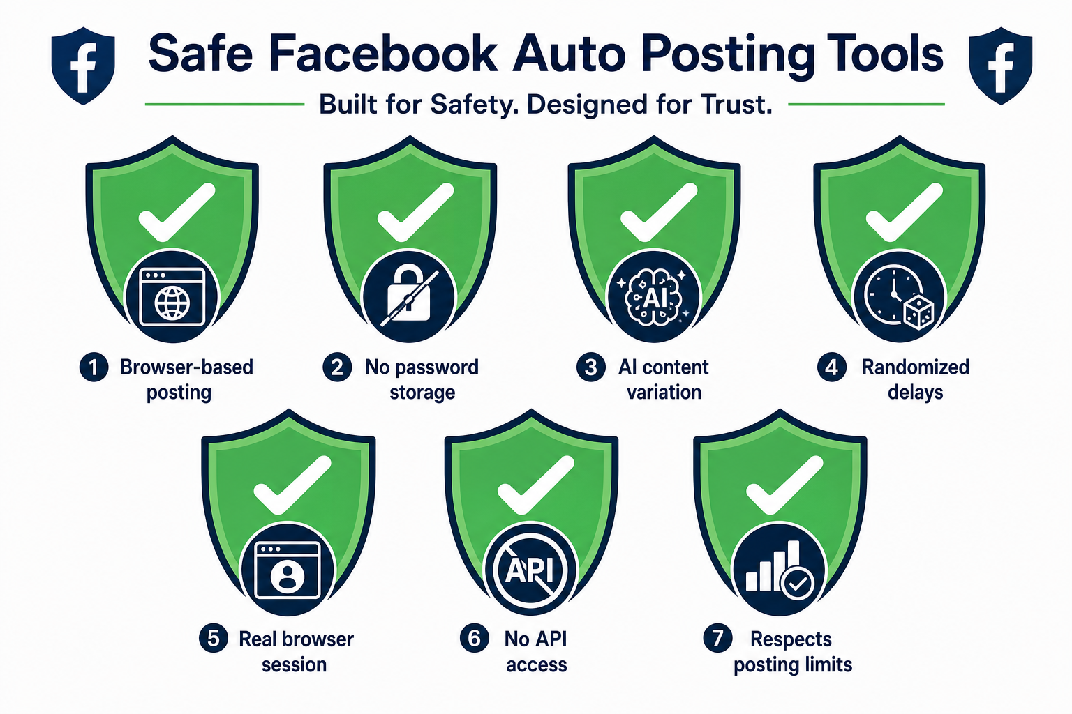 Seven safety criteria for Facebook auto posting tools shown as green shield icons with checkmarks