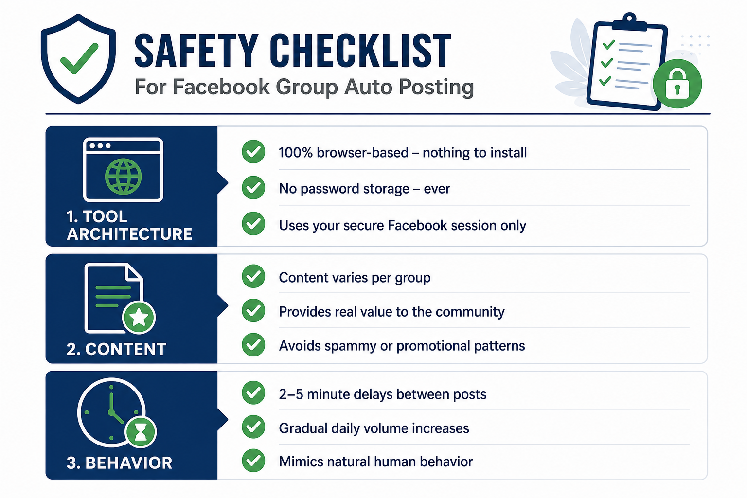 Safety checklist for Facebook group auto posting covering tool architecture, content quality, and posting behavior