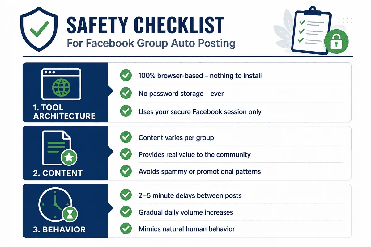 Safety checklist for Facebook group auto posting covering tool architecture, content quality, and posting behavior