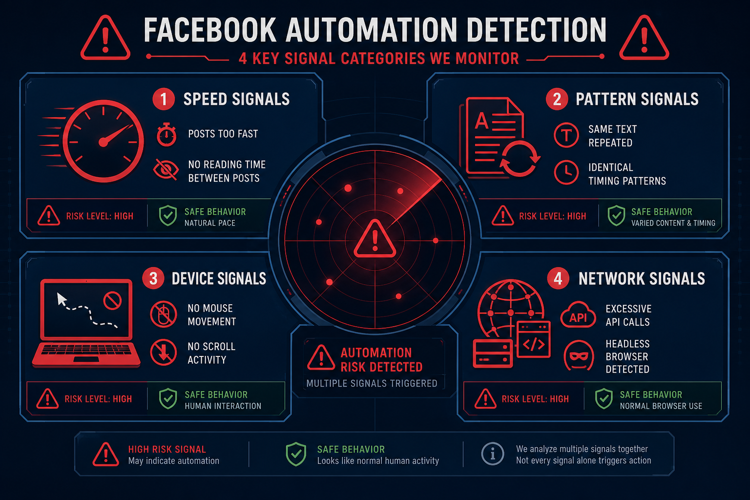 Diagram showing the four types of signals Facebook uses to detect automation: speed, pattern, device, and network signals