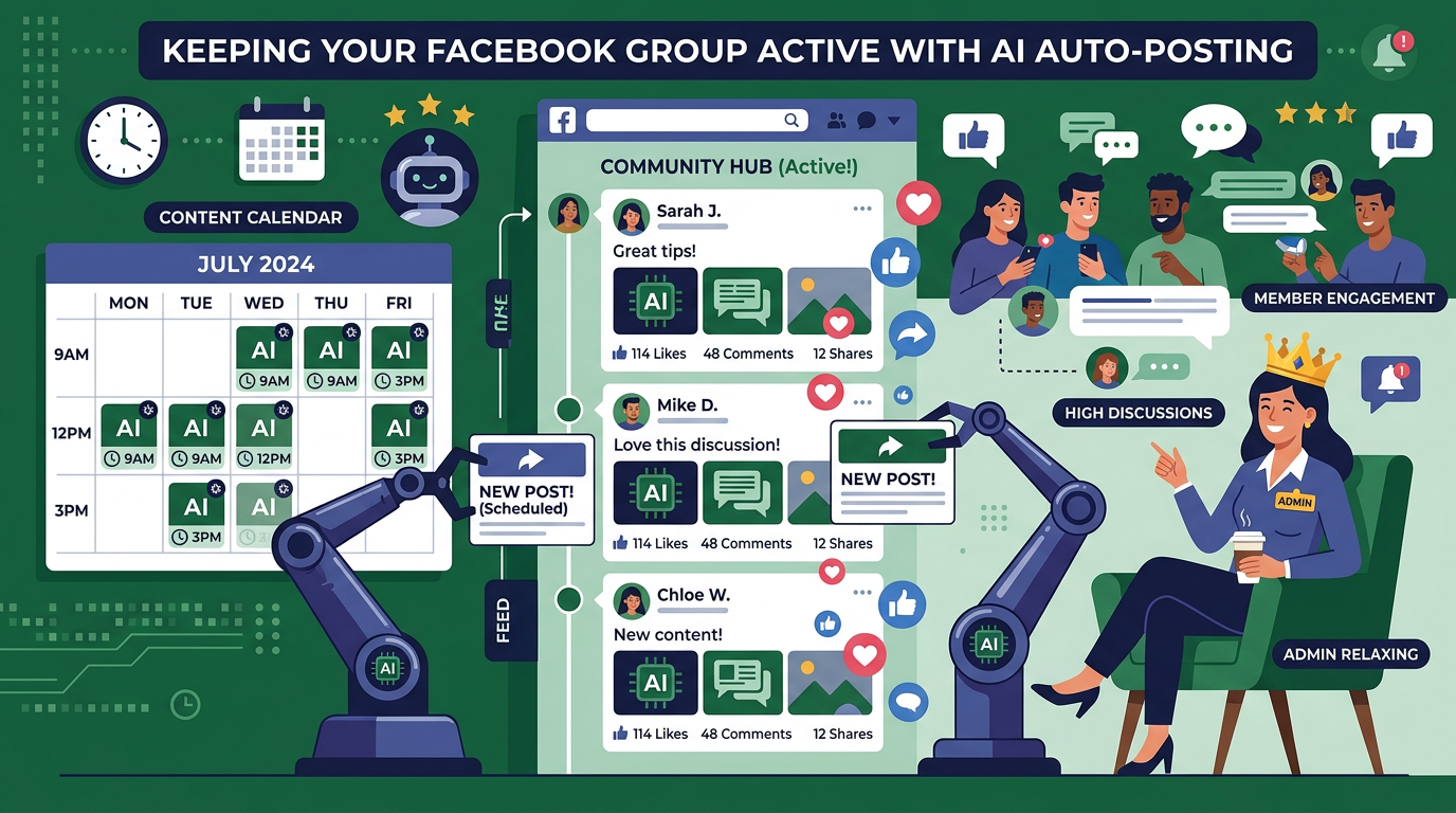 Facebook group admin using AI auto posting to keep group active with consistent daily content