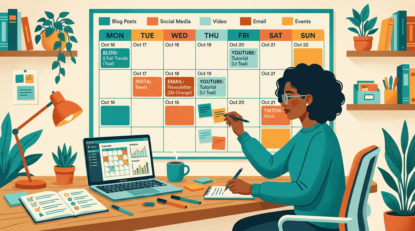 Person planning a Facebook group content calendar on a weekly grid with color-coded content types organized by day
