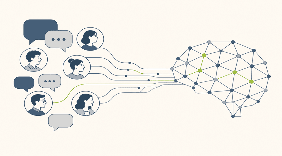Speech bubbles and human conversations flowing into a glowing AI brain, representing community discussion used as AI training data