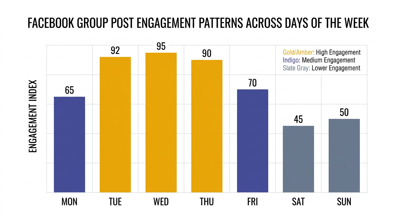 Facebook group post engagement by day of the week showing Tuesday through Thursday as peak days