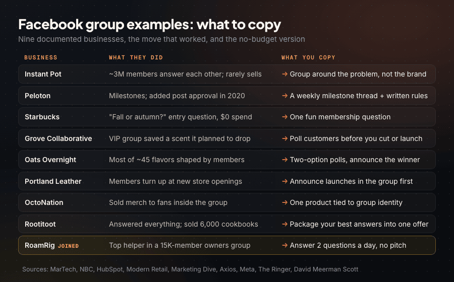 Matrix of nine Facebook group marketing examples showing what each business did and what a small business can copy