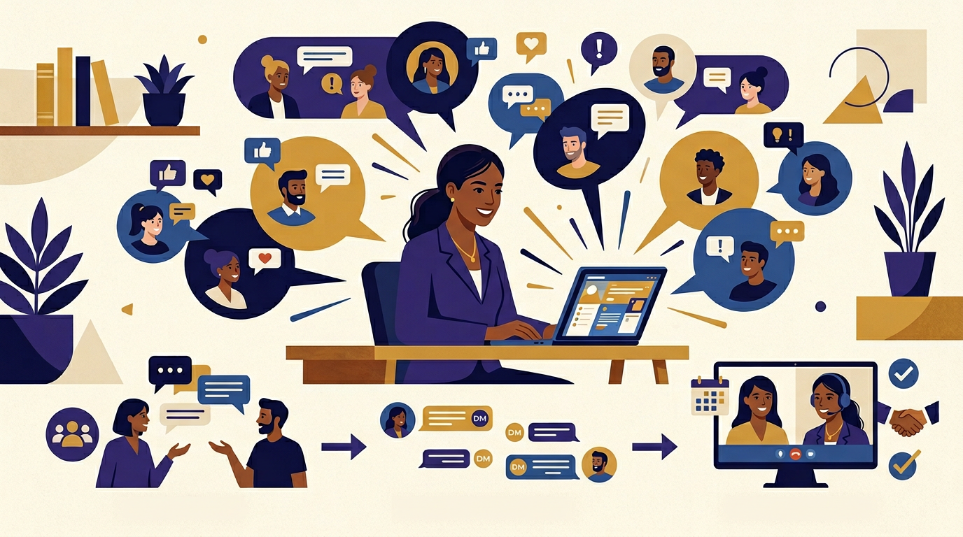 Coach building authority in Facebook group communities with a pipeline from group posts to DM conversations to discovery calls