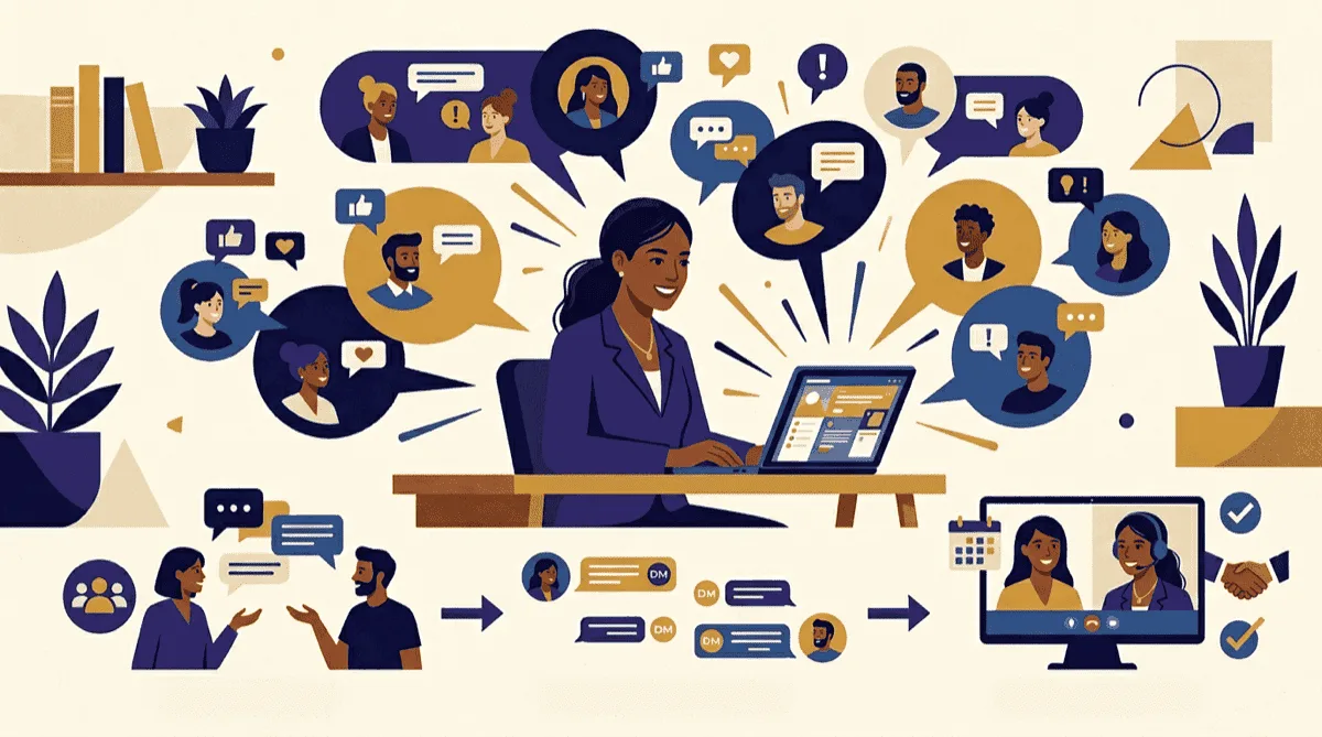 Coach building authority in Facebook group communities, with a pipeline flowing from group posts to DM conversations to discovery calls
