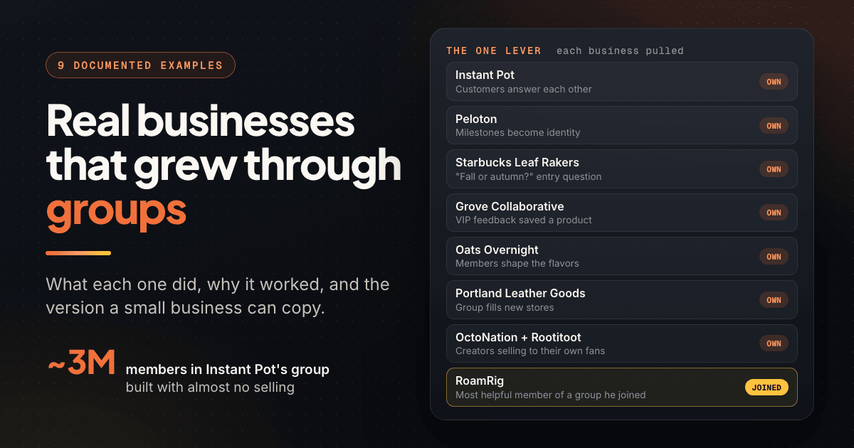 Panel listing nine businesses that grew through Facebook groups and the single lever each one pulled