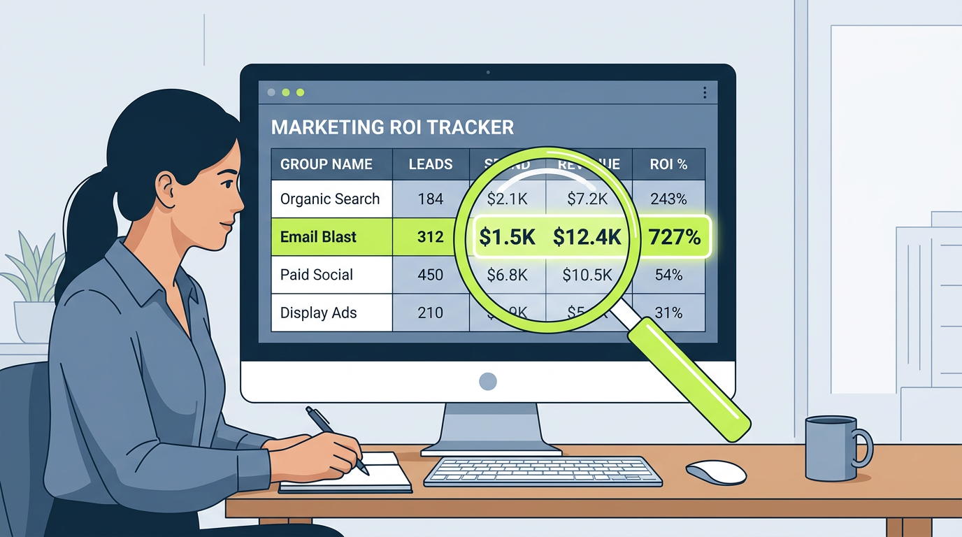 Marketer reviewing a Facebook group ROI tracking dashboard showing group names, lead counts, and conversion rates with one high-performing group highlighted