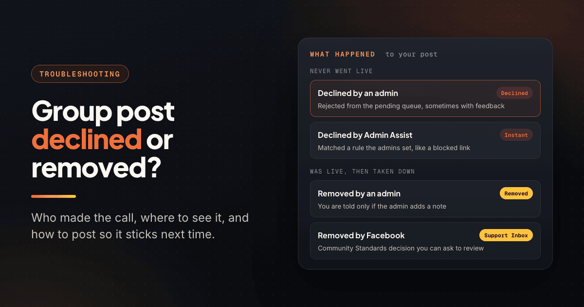 Panel comparing a group post declined by an admin or Admin Assist with one removed by an admin or by Facebook