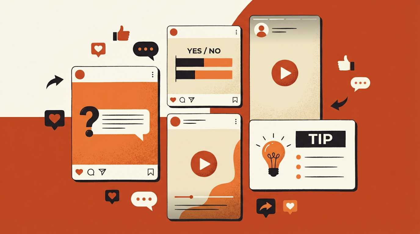 Collection of different Facebook group post formats including question posts, polls, story posts, and tip posts that generate high engagement