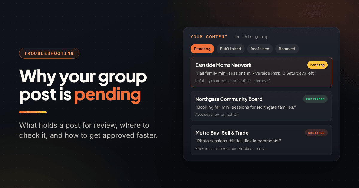 Group content panel with Pending, Published and Declined tabs and one post held for admin approval