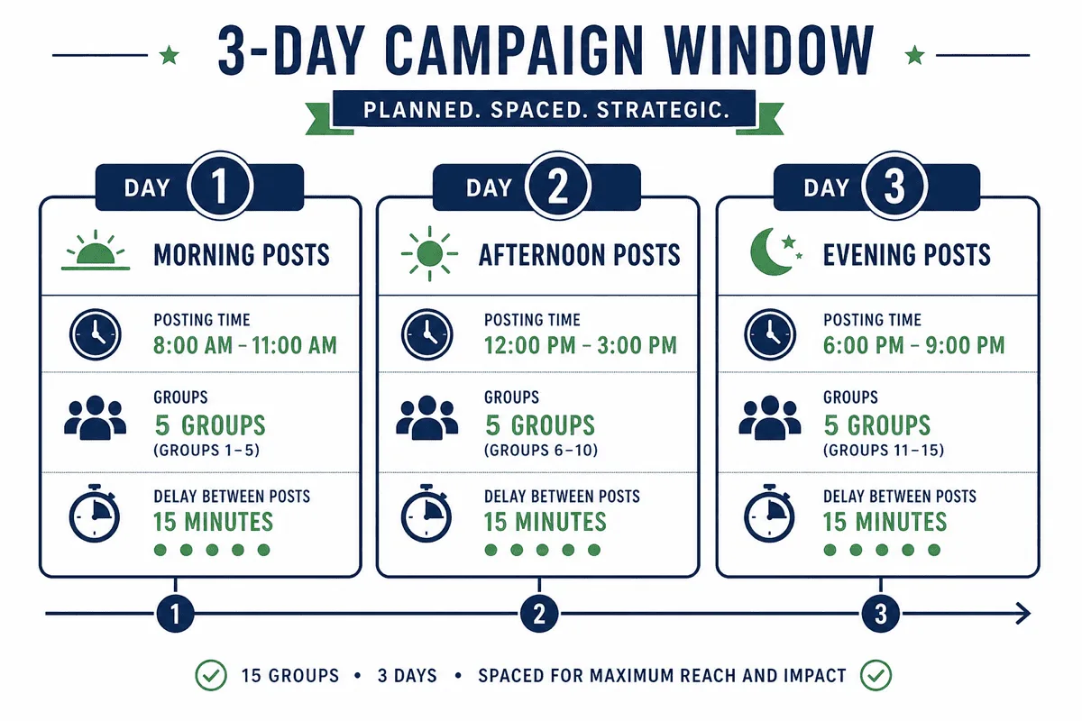 3-day campaign window plan for scheduling posts across 15 Facebook groups with morning, afternoon, and evening windows