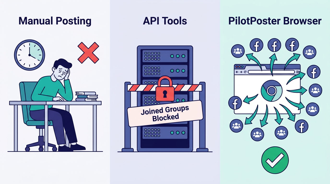 Three methods for posting to multiple Facebook groups: manual posting, API tools that can't reach joined groups, and PilotPoster browser-based organic posting