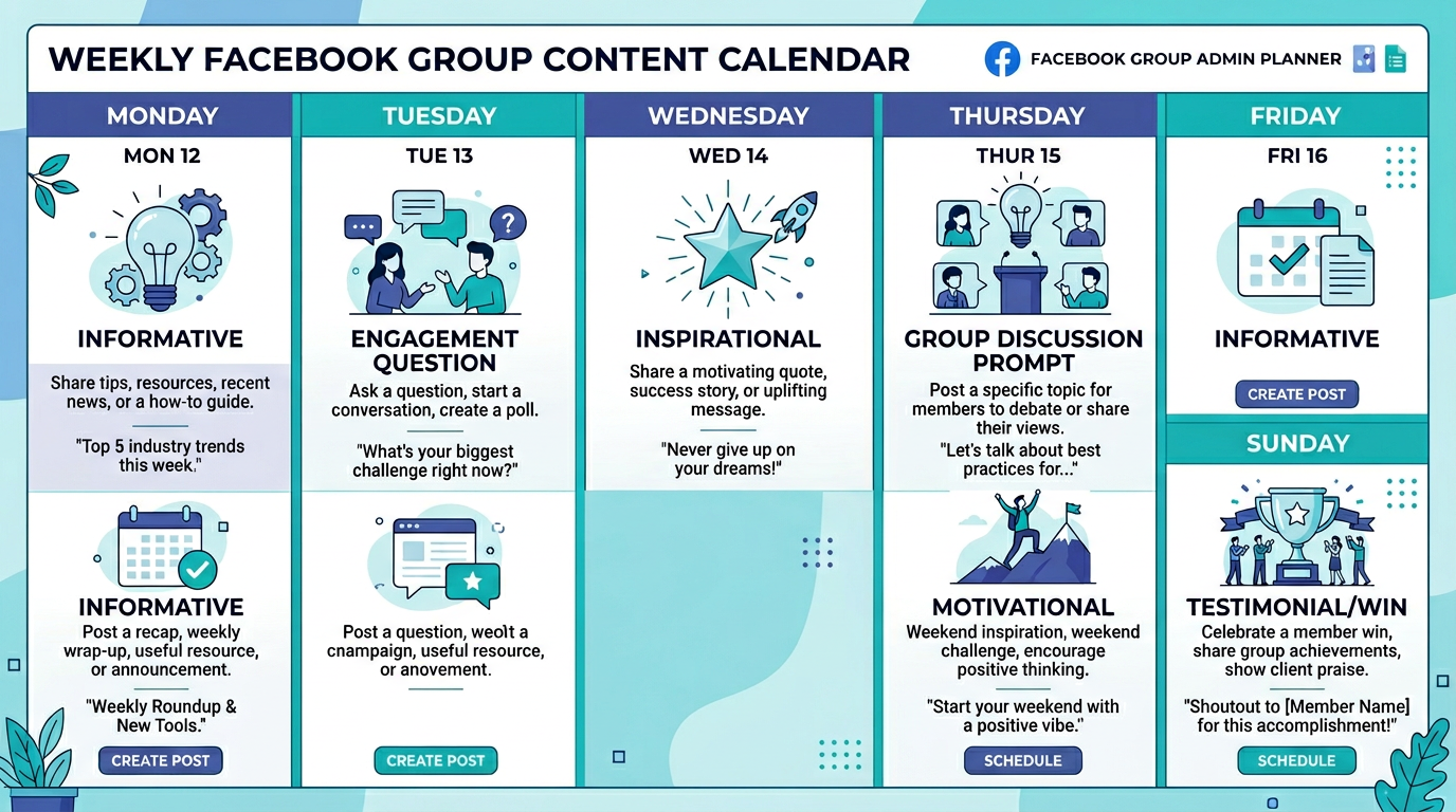 Weekly Facebook group content calendar showing recommended post types for each day of the week