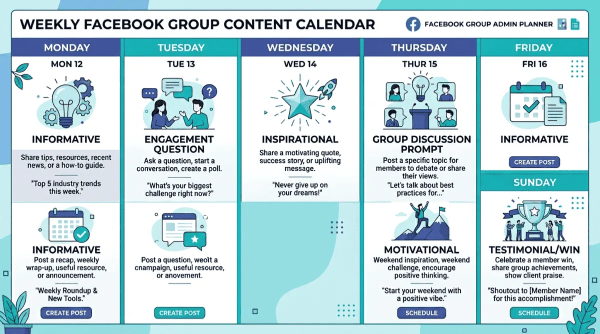 Weekly Facebook group content calendar showing recommended post types for each day of the week