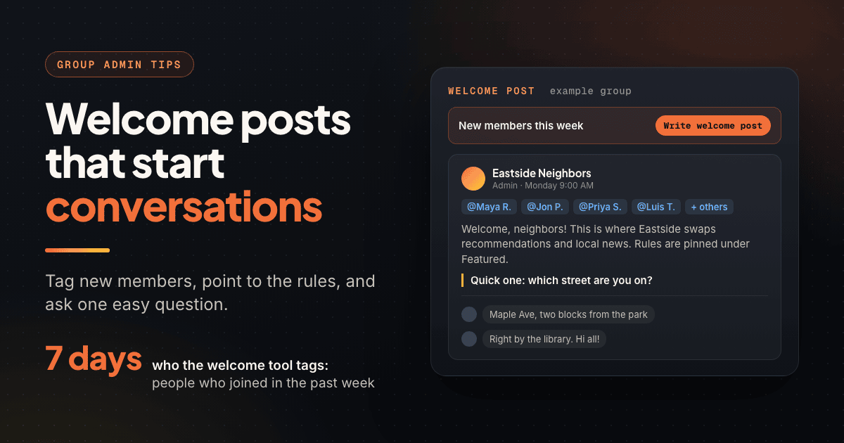 Mock Facebook group welcome post tagging new members, with a rules pointer, an easy first question, and member replies
