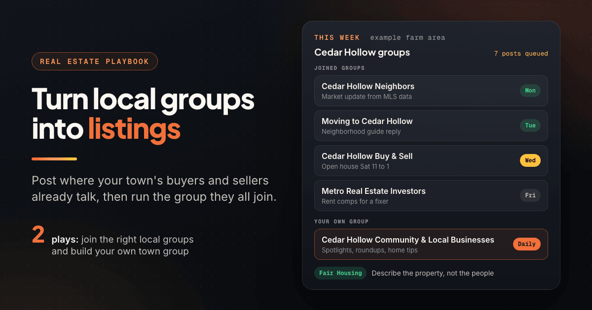 Agent dashboard with posts scheduled to local community, relocation, buy/sell and investor Facebook groups plus the agent's own town group