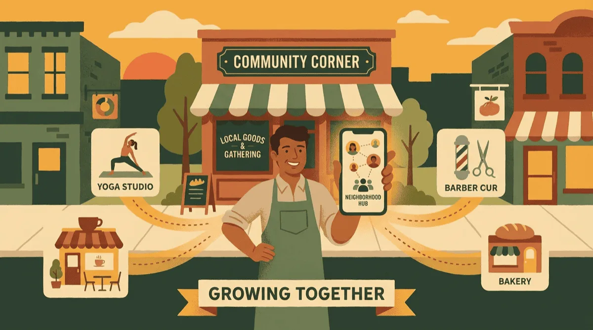 Local business owner standing in front of their shop connected to a network of nearby businesses and neighborhood groups through Facebook