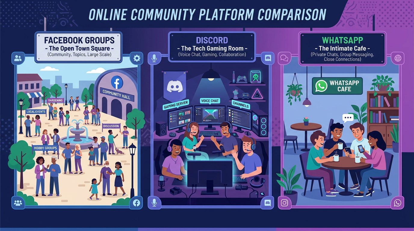 Comparison of three online community platforms: Facebook Groups as an open town square, Discord as a tech room, WhatsApp as an intimate cafe