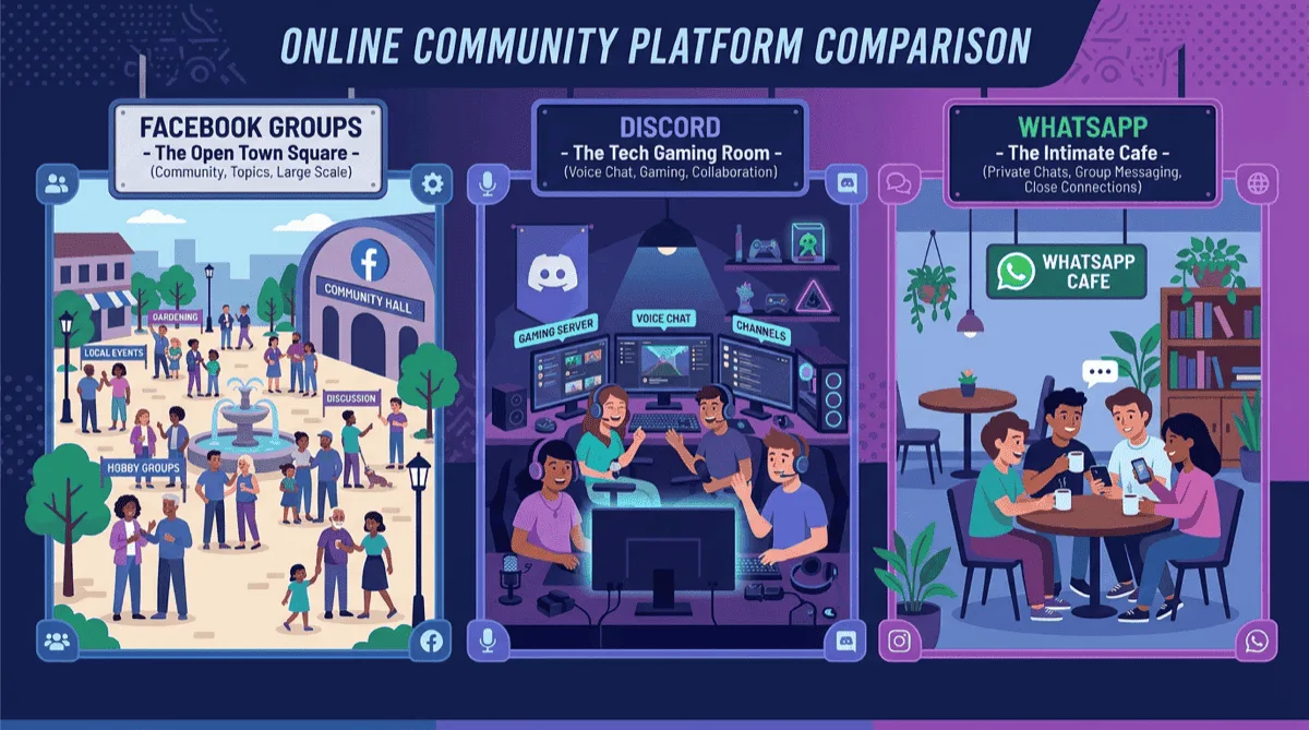 Three online community platforms compared: Facebook Groups as an open town square, Discord as a tech gaming room, WhatsApp as an intimate cafe