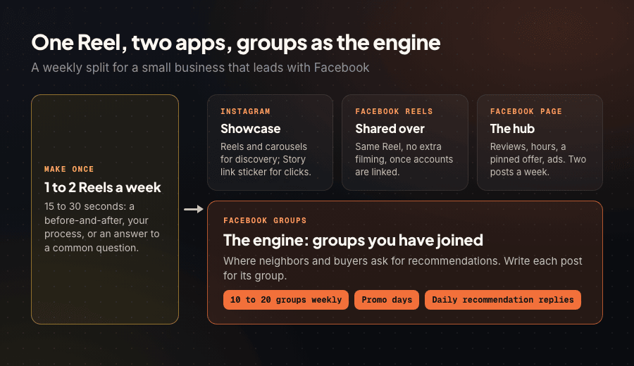 Weekly workflow diagram: one Reel shared to Instagram and Facebook, with Facebook groups as the main engine and the Page as the hub