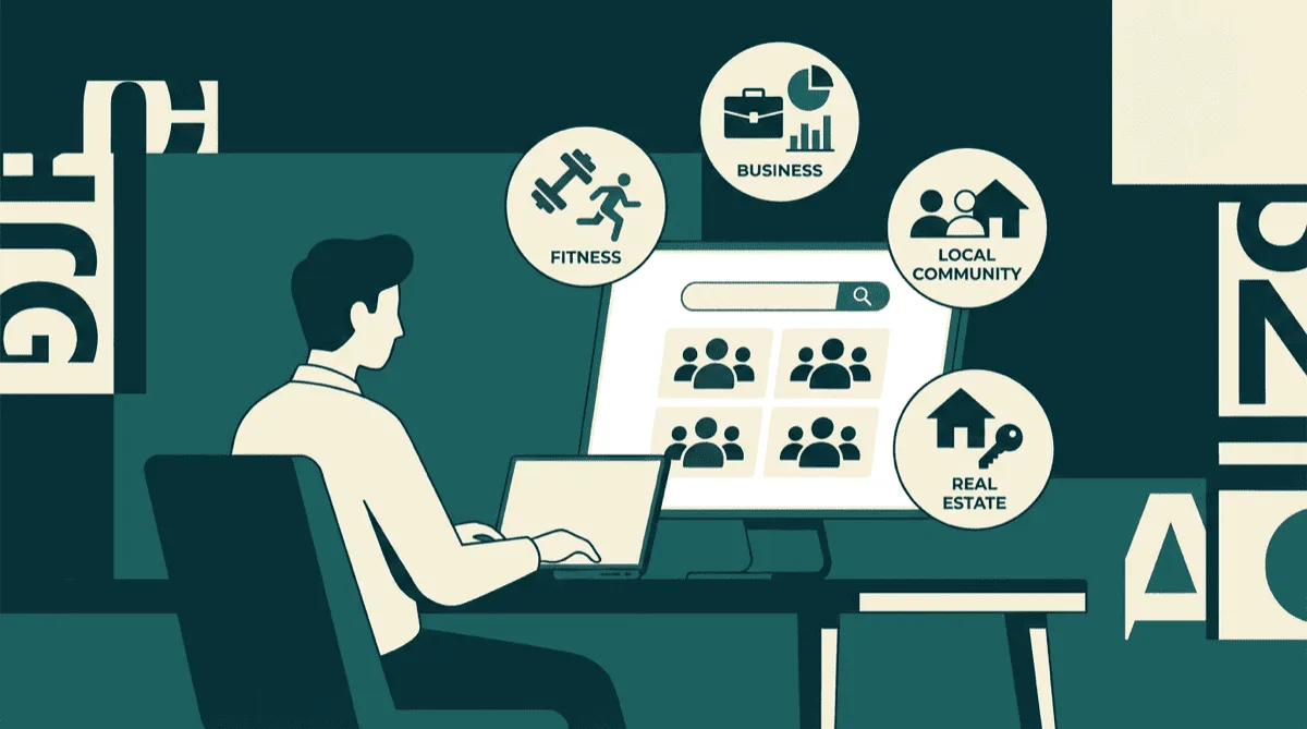 Person searching Facebook groups organized by niche categories including business, fitness, local community, and real estate