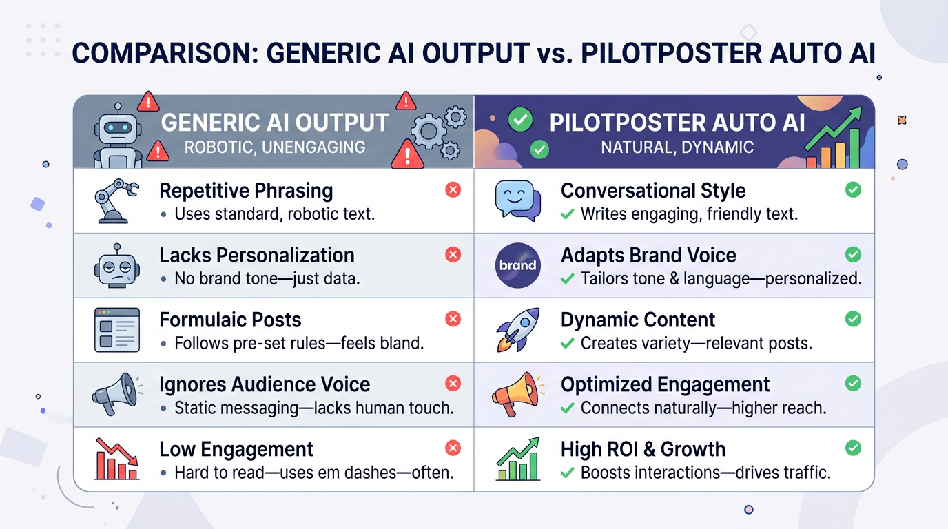 Comparison between generic AI output and PilotPoster Auto AI for Facebook posts