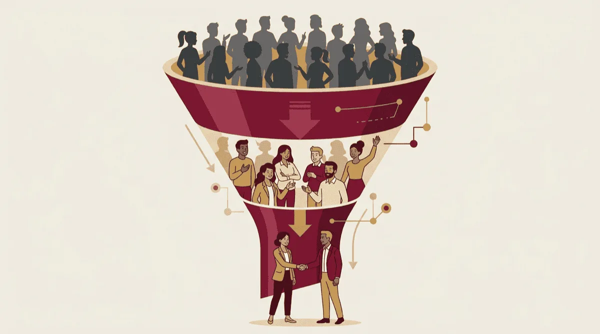 Funnel diagram showing Facebook group members narrowing into warm leads and then into actual clients through the conversion process