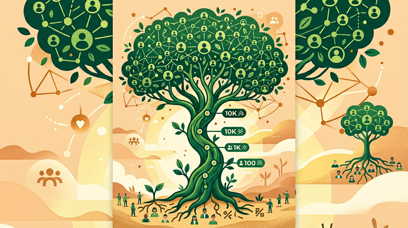 Facebook group growing from zero members through multiple milestones to 10,000 members represented as a growing tree