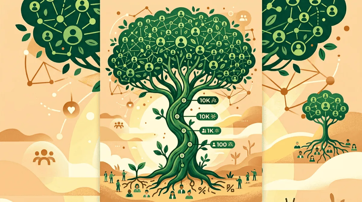 Facebook group growing from a small seedling through multiple member milestones up to 10K members like a tree