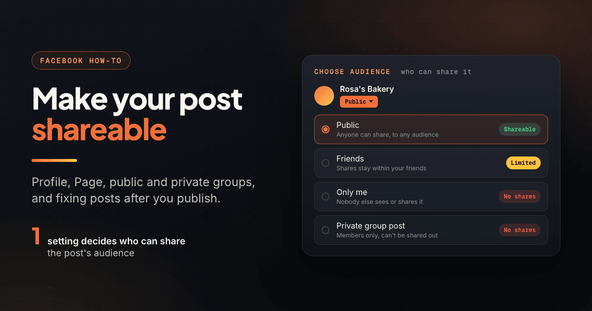 Facebook audience selector mock-up showing Public, Friends and Only me options and who can share each post