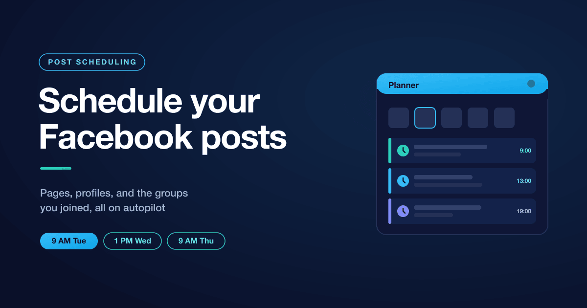 Facebook post scheduling calendar graphic showing queued posts across days and times