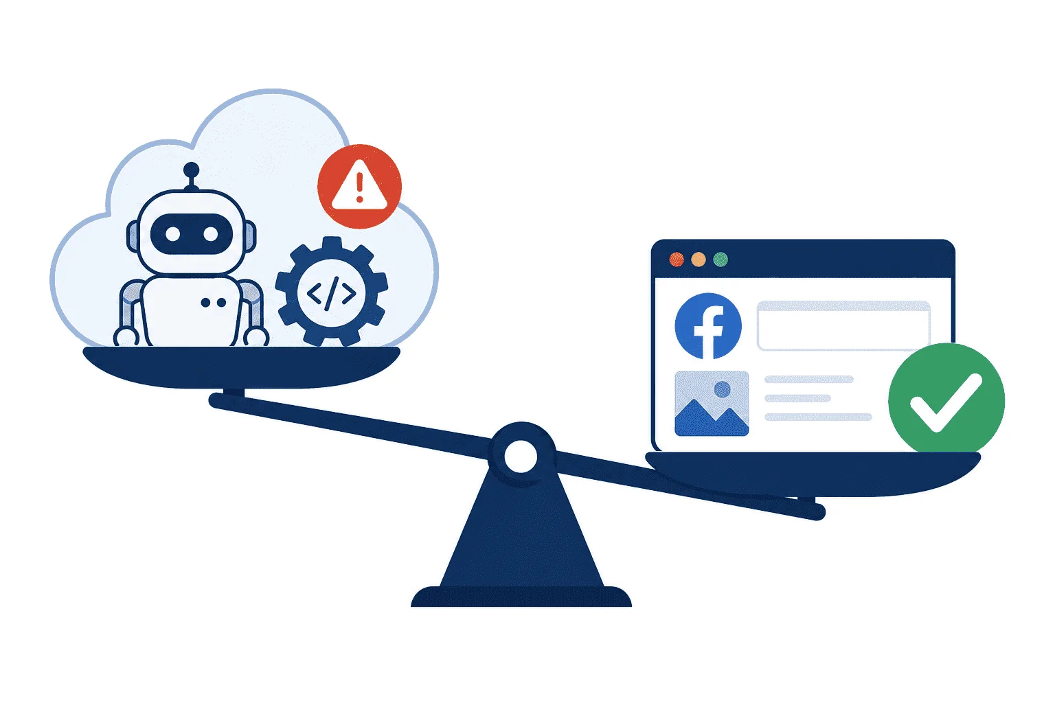 Balance scale showing cloud-based API automation on the risky side and browser-based posting on the safer side