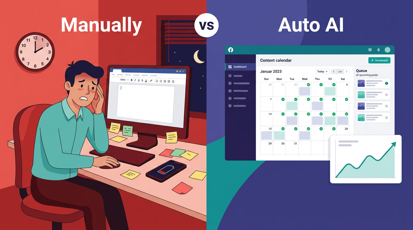 Comparison of manual Facebook posting versus AI-automated profile posting showing the time and effort difference