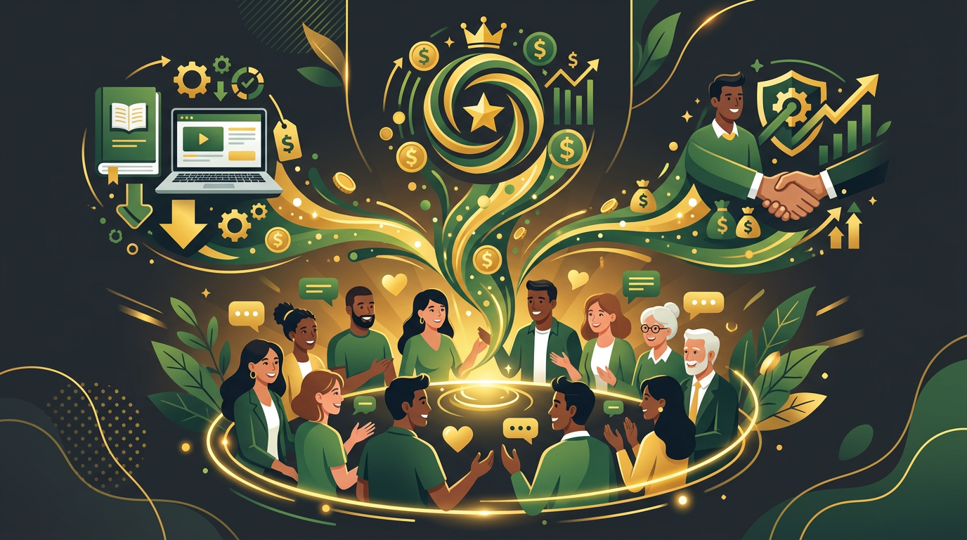 Facebook group community with diverse members and multiple monetization channels including digital products, subscriptions, and brand partnerships