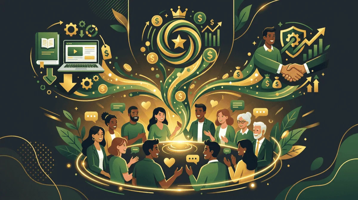 Facebook group community with diverse members and multiple monetization channels flowing outward including digital products, subscriptions, and brand partnerships