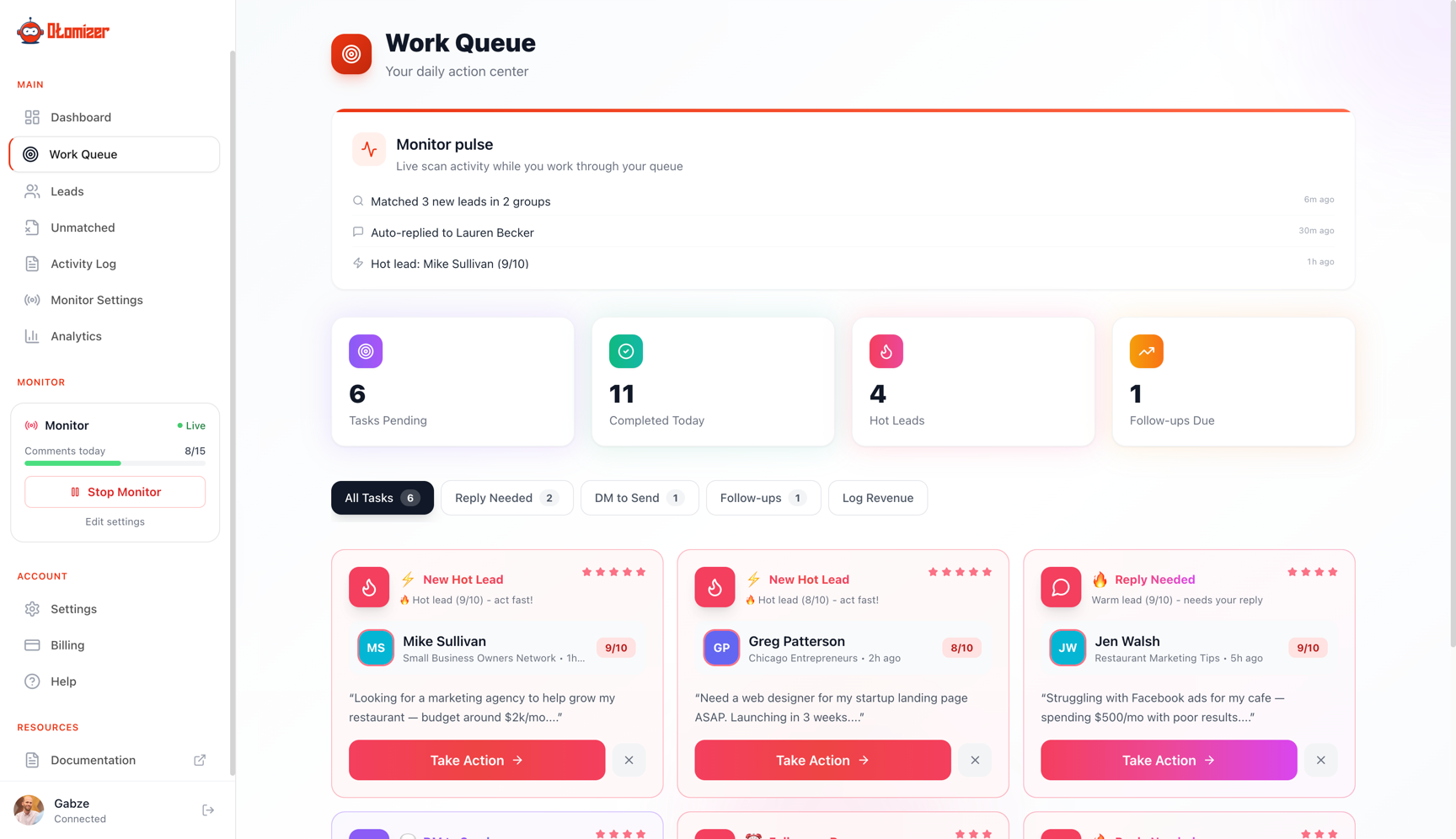 Otomizer dashboard showing Facebook group posts scored Hot, Warm, and Cold by buyer intent with drafted replies ready to send