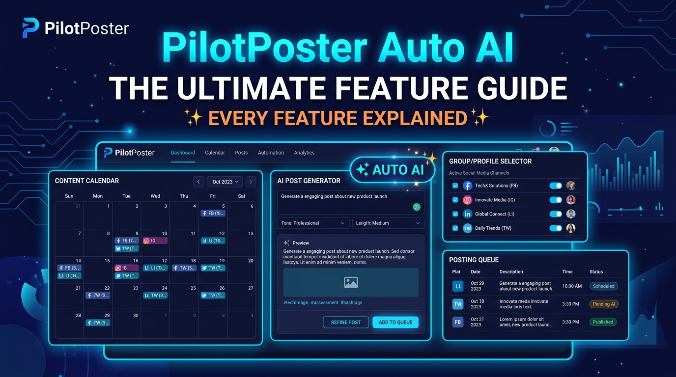 PilotPoster Auto AI complete feature guide showing dashboard, content calendar, AI post generator, and posting queue